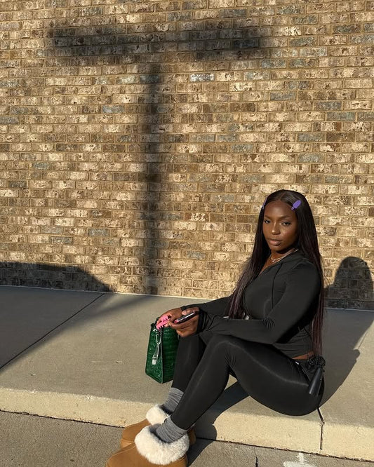 Drawstring Kangaroo Pocket Zipper up Placket Hooded Sweatshirt & Leggings Sweat Suit